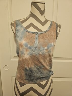 Pink Rose Blue & Brown Tie-Dye Henley Tank